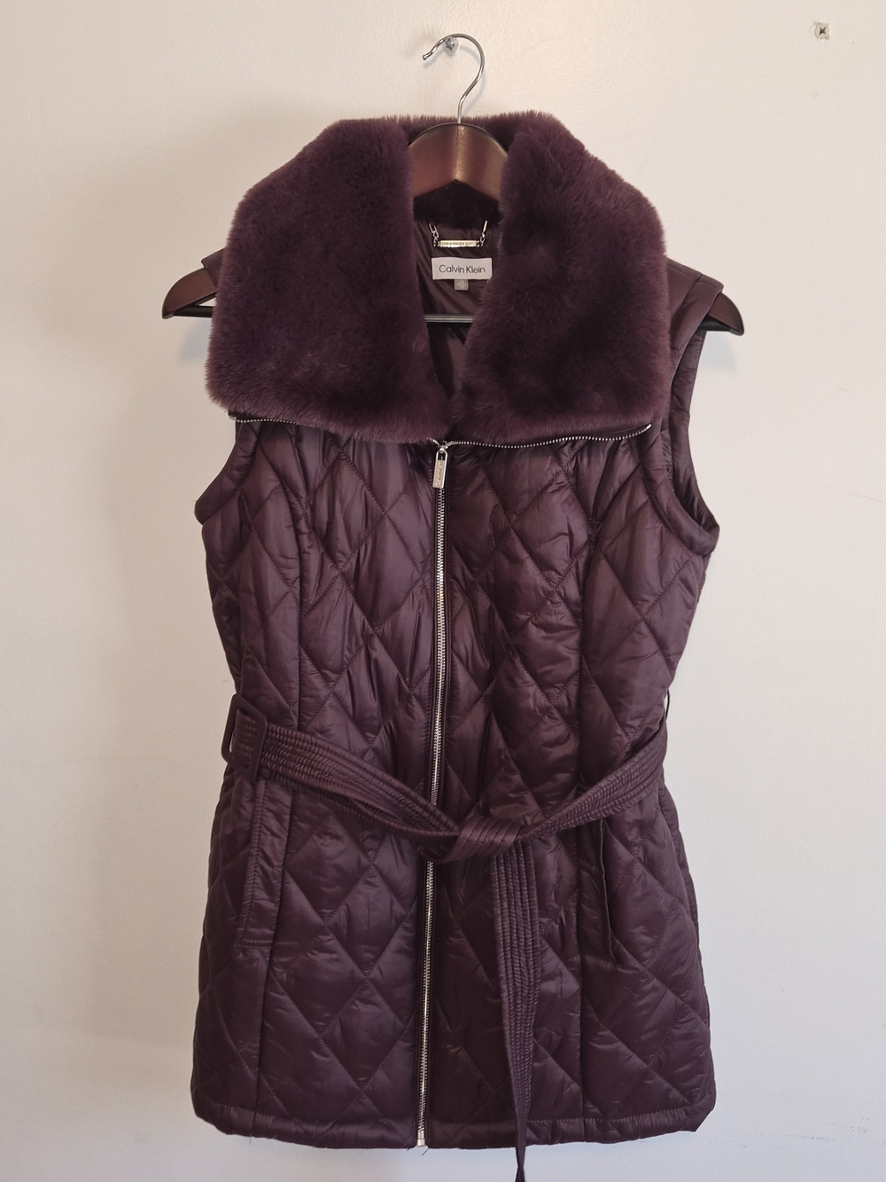 Calvin Klein Quilted Faux Fur Collar Vest - Deep Plum